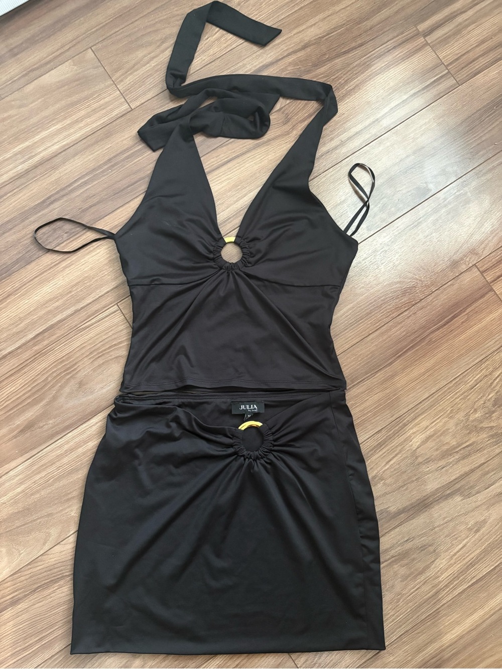 Black Halter Mini Two Piece Skirt Set with Ring Details